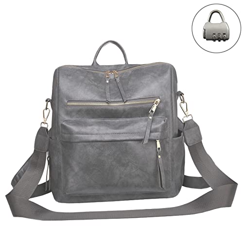 Bookbag Purse For Women PU Leather Cute School Anti theft Lock Fashion Shoulder Travel Convertible Bag(Grey)