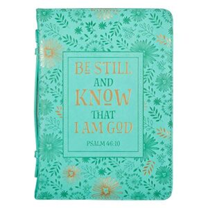 christian art gifts women’s fashion bible cover be still and know psalm 46:10, turquoise/gold floral faux leather, medium