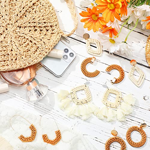 Straw Purses Bags Woven Summer Clutch Purses Crossbody Shoulder Handbag Bag with 4 Pairs Earrings Rattan Boho Earrings for Women Girl (Round Tassel Style)