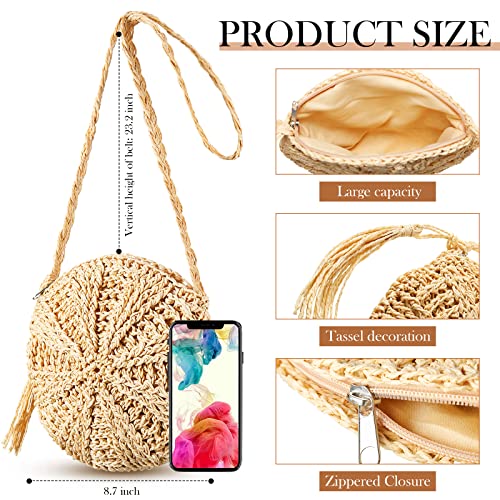 Straw Purses Bags Woven Summer Clutch Purses Crossbody Shoulder Handbag Bag with 4 Pairs Earrings Rattan Boho Earrings for Women Girl (Round Tassel Style)