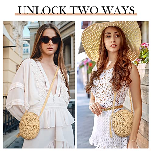 Straw Purses Bags Woven Summer Clutch Purses Crossbody Shoulder Handbag Bag with 4 Pairs Earrings Rattan Boho Earrings for Women Girl (Round Tassel Style)