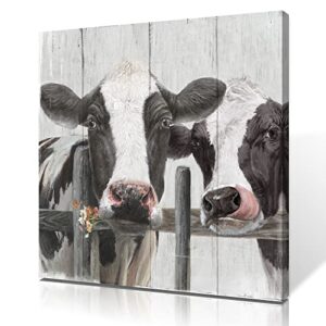 yelash couple cow pictures wall decor, love themed canvas wall art print, curious cow painting poster, funny farm animal mural for bedroom bathroom and kitchen framed (12″x12″)