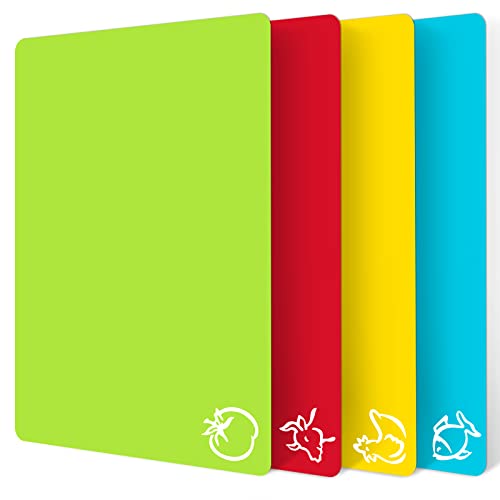 Elyum Cutting Boards, Colored Cutting Mat Flexible Plastic Cutting Board Set Chopping Board with Food Icons, Dishwasher Safe Cutting Boards for Kitchen Meat and Vegetables (Set of 4, 14.6" x 11")