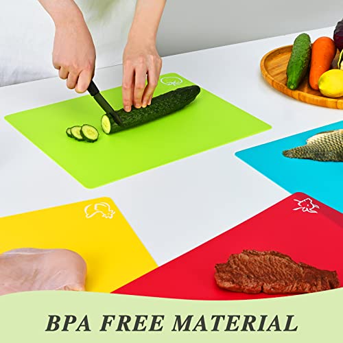 Elyum Cutting Boards, Colored Cutting Mat Flexible Plastic Cutting Board Set Chopping Board with Food Icons, Dishwasher Safe Cutting Boards for Kitchen Meat and Vegetables (Set of 4, 14.6" x 11")