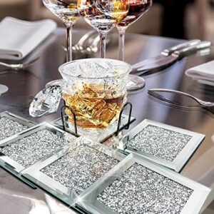 6 sets glass mirrored drink coasters with holder, dilibra modern bling bling crystal cup coasters for dirnk, 4×4 inches crushed diamond glass plates – avoid furniture being scratched and soiled