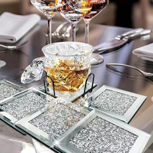 6 Sets Glass Mirrored Drink Coasters with Holder, DILIBRA Modern Bling Bling Crystal Cup Coasters for Dirnk, 4x4 Inches Crushed Diamond Glass Plates - Avoid Furniture Being Scratched and Soiled