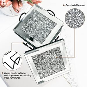 6 Sets Glass Mirrored Drink Coasters with Holder, DILIBRA Modern Bling Bling Crystal Cup Coasters for Dirnk, 4x4 Inches Crushed Diamond Glass Plates - Avoid Furniture Being Scratched and Soiled