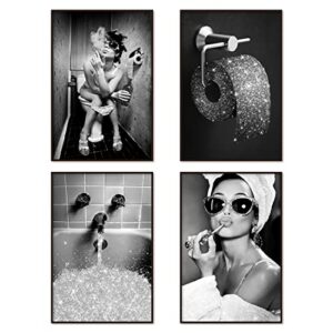 bathroom decor wall art prints glam glitter tissue bathroom artwork for wall black and white modern fashion women funny bathroom wall art set of 4 (8×12 in unframed, black and white)