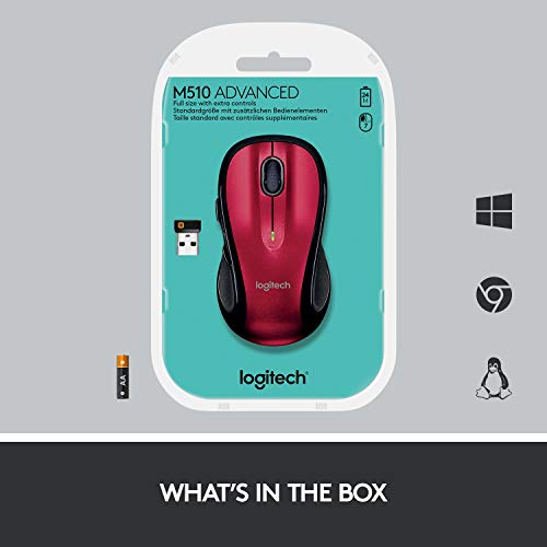 Logitech M510 Wireless Computer Mouse – Comfortable Shape with USB Unifying Receiver, Back/Forward Buttons and Side-to-Side Scrolling - Red