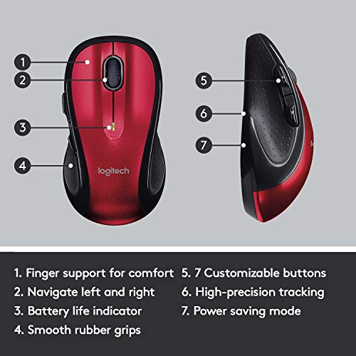 Logitech M510 Wireless Computer Mouse – Comfortable Shape with USB Unifying Receiver, Back/Forward Buttons and Side-to-Side Scrolling - Red