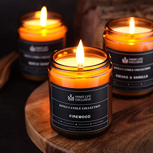 Scented Candles for Men | Firewood & Campfire Scented| Wood Wick, Long Lasting, Masculine Scents | Natural Soy Jar Candle for Home, Mancave & Bachelor Pad | The Perfect Mens Gift.