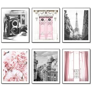 hoozgee vintage fashion paris wall art prints black and white canvas poster eiffel tower pink flower doors windows pictures photos wall decor for office bedroom living room (8″x10″ unframed)