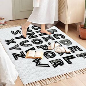 DGAIER Boho Rug Scandinavian Black White Alphabet Font is Scandinavian Style Simple Area Woven Rug with Tassels Patio Mat