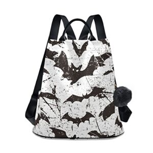 vintage bats print casual backpack for women, fashion anti theft school travel backpack purse 15 inch full print aesthetic with fuzz ball key chain black