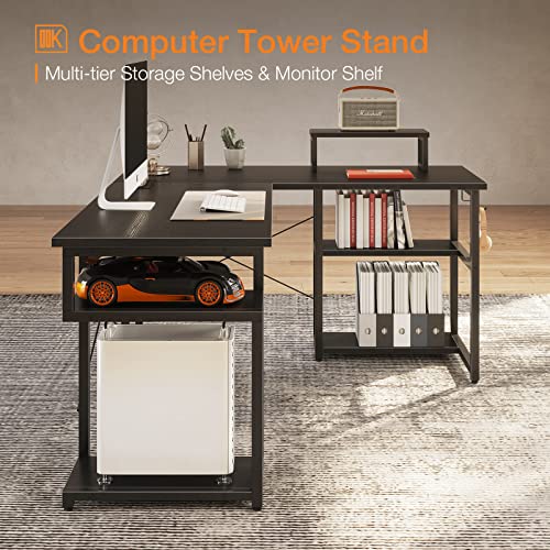 ODK 66" L Shaped Desk Computer Desk with Storage Shelves & PC Stand, Gaming Desk with Monitor Stand, Home Office Writing Desk, Modern Larger Wooden Desk, Black