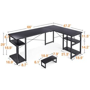 ODK 66" L Shaped Desk Computer Desk with Storage Shelves & PC Stand, Gaming Desk with Monitor Stand, Home Office Writing Desk, Modern Larger Wooden Desk, Black