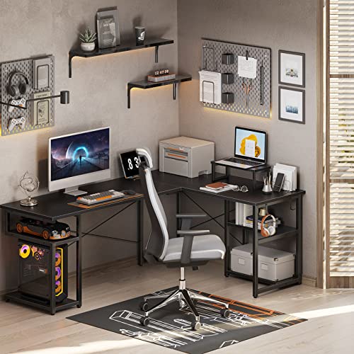ODK 66" L Shaped Desk Computer Desk with Storage Shelves & PC Stand, Gaming Desk with Monitor Stand, Home Office Writing Desk, Modern Larger Wooden Desk, Black