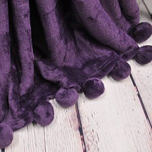 BYTIDE Pom Pom Throw Blankets Couch Cover Flannel Fleece Throw with Pompom Fringe Tassels, Plush Fluffy Cozy Warm Soft Lightweight Throw for Couch Sofa Bed Chair, 60" x 80", Dark Purple