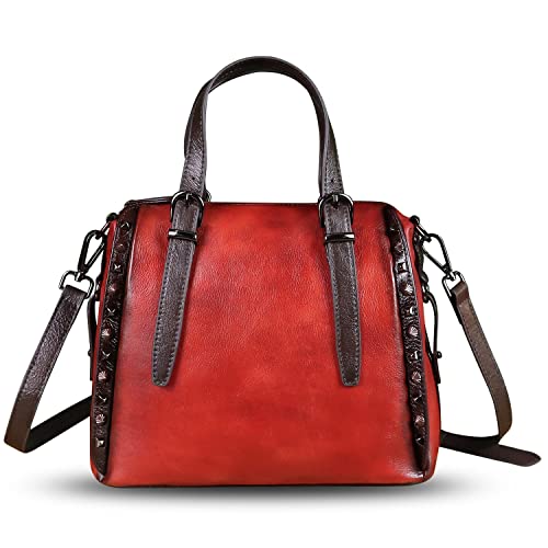 Genuine Leather Handbags for Women Top Handle Satchel Purses Ladies Vintage Crossbody Shoulder Bags Hobo Bag (Red)