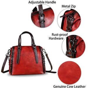Genuine Leather Handbags for Women Top Handle Satchel Purses Ladies Vintage Crossbody Shoulder Bags Hobo Bag (Red)