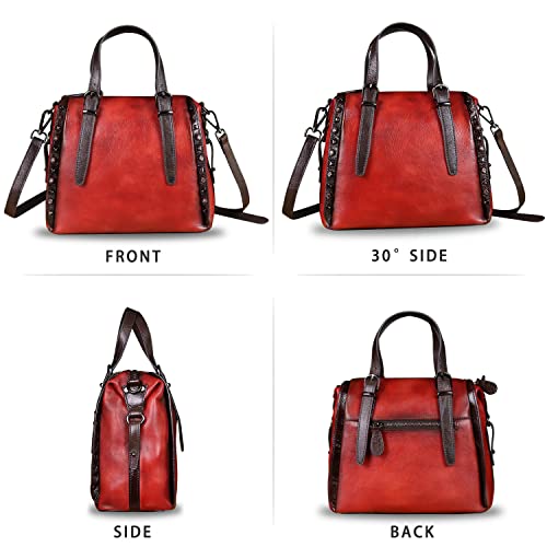 Genuine Leather Handbags for Women Top Handle Satchel Purses Ladies Vintage Crossbody Shoulder Bags Hobo Bag (Red)