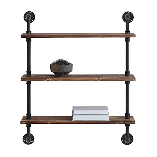 Phaxth Industrial Pipe Shelving, 3 Tiered Wall Mounted Pipe Wood Shelves, 27" W