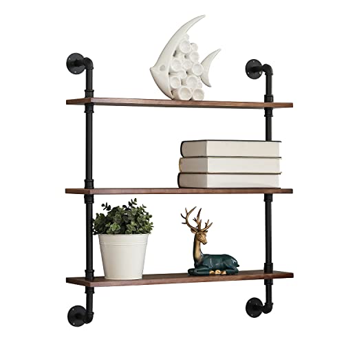 Phaxth Industrial Pipe Shelving, 3 Tiered Wall Mounted Pipe Wood Shelves, 27" W