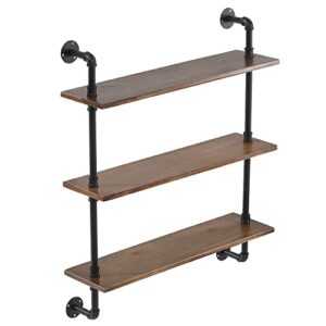 Phaxth Industrial Pipe Shelving, 3 Tiered Wall Mounted Pipe Wood Shelves, 27" W