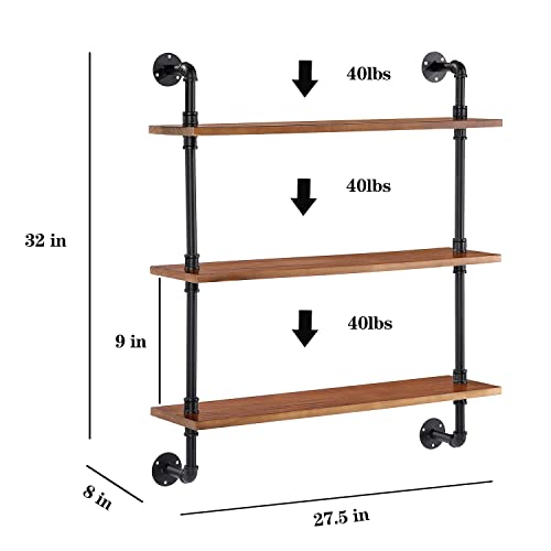 Phaxth Industrial Pipe Shelving, 3 Tiered Wall Mounted Pipe Wood Shelves, 27" W