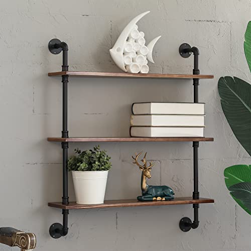 Phaxth Industrial Pipe Shelving, 3 Tiered Wall Mounted Pipe Wood Shelves, 27" W