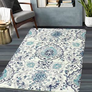 zealude paisley floral area rug non slip accent throw rug machine washable rug boho chic indoor doormat low profile floor mat for bathroom entry bedside kitchen sink (blue, 4′ x 6′)