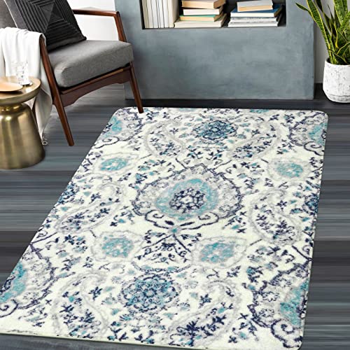 Zealude Paisley Floral Area Rug Non Slip Accent Throw Rug Machine Washable Rug Boho Chic Indoor Doormat Low Profile Floor Mat for Bathroom Entry Bedside Kitchen Sink (Blue, 4' x 6')