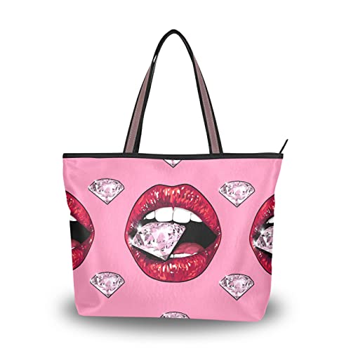 Lip Diamond Tote Bag Aesthetic, Large Capacity Zipper Women Grocery Bags Purse for Daily Life 2 Sizes