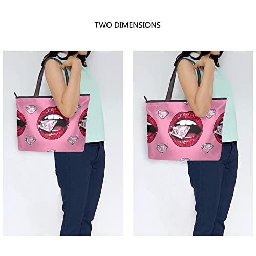 Lip Diamond Tote Bag Aesthetic, Large Capacity Zipper Women Grocery Bags Purse for Daily Life 2 Sizes