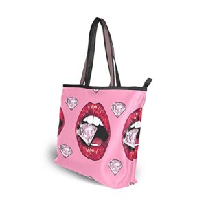 Lip Diamond Tote Bag Aesthetic, Large Capacity Zipper Women Grocery Bags Purse for Daily Life 2 Sizes