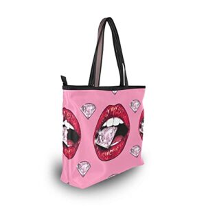 Lip Diamond Tote Bag Aesthetic, Large Capacity Zipper Women Grocery Bags Purse for Daily Life 2 Sizes