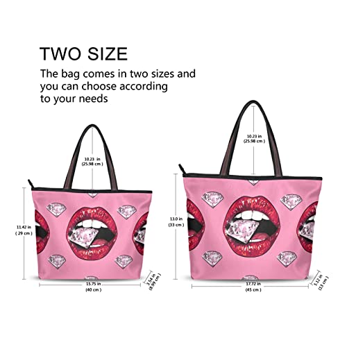 Lip Diamond Tote Bag Aesthetic, Large Capacity Zipper Women Grocery Bags Purse for Daily Life 2 Sizes