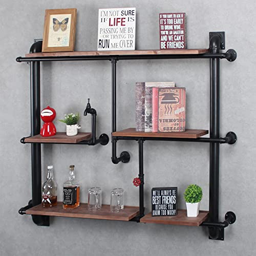 Industrial Pipe Shelving,Rustic Wooden&Metal Floating Shelves,Home Decor Shelves Wall Mount Display Racks,Decorative Accent Wall Book Shelf for Kitchen or Office Organizer,Grey