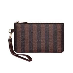 Luxury Wristlet Clutch Bag | Small Zip Pouch Handbag w. Card Slots | Classic Phone Purse Wallet for Men Women - Coated Canvas (Brown Stripe)