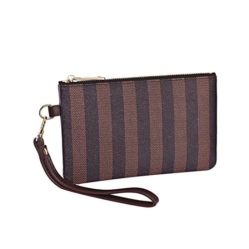 Luxury Wristlet Clutch Bag | Small Zip Pouch Handbag w. Card Slots | Classic Phone Purse Wallet for Men Women - Coated Canvas (Brown Stripe)