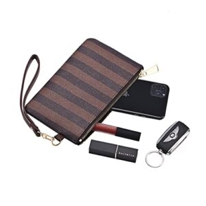 Luxury Wristlet Clutch Bag | Small Zip Pouch Handbag w. Card Slots | Classic Phone Purse Wallet for Men Women - Coated Canvas (Brown Stripe)