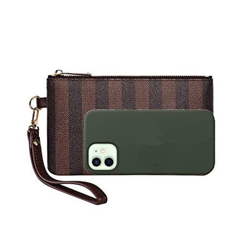 Luxury Wristlet Clutch Bag | Small Zip Pouch Handbag w. Card Slots | Classic Phone Purse Wallet for Men Women - Coated Canvas (Brown Stripe)