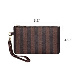 Luxury Wristlet Clutch Bag | Small Zip Pouch Handbag w. Card Slots | Classic Phone Purse Wallet for Men Women - Coated Canvas (Brown Stripe)