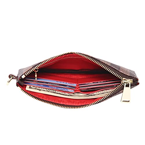 Luxury Wristlet Clutch Bag | Small Zip Pouch Handbag w. Card Slots | Classic Phone Purse Wallet for Men Women - Coated Canvas (Brown Stripe)