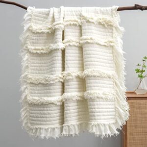 Ultra Soft Pre-Washed Quilted Throw Blanket, Ruffle Fringed Cream Boho Decorative Throw, Stone Washed Chic Rustic Blanket for Sofa Couch Bed Chair, 50"x 60"