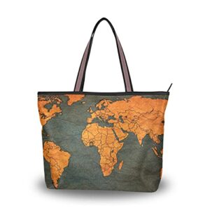 tote bag rock world map print, large capacity zipper women grocery bags purse for daily life 2 sizes