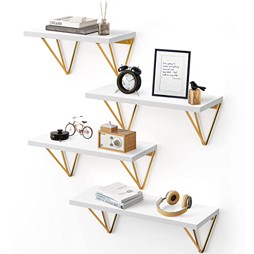 Fixwal 4 Set White Floating Shelves Wall Shelves , Shelves for Wall Decor, White Wall Shelves with Golden Metal Brackets for Bedroom, Living Room, Bathroom, Kitchen, Office Decor