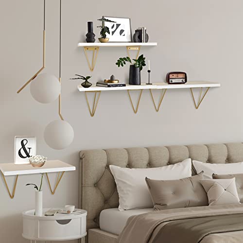 Fixwal 4 Set White Floating Shelves Wall Shelves , Shelves for Wall Decor, White Wall Shelves with Golden Metal Brackets for Bedroom, Living Room, Bathroom, Kitchen, Office Decor