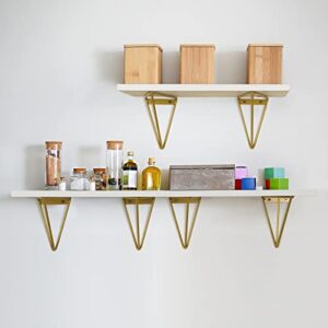 Fixwal 4 Set White Floating Shelves Wall Shelves , Shelves for Wall Decor, White Wall Shelves with Golden Metal Brackets for Bedroom, Living Room, Bathroom, Kitchen, Office Decor