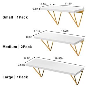 Fixwal 4 Set White Floating Shelves Wall Shelves , Shelves for Wall Decor, White Wall Shelves with Golden Metal Brackets for Bedroom, Living Room, Bathroom, Kitchen, Office Decor